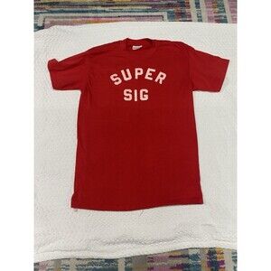 VTG Stedman Single Stitch SUPER SIG Red Short Sleeve Shirt SZ Large Pink Letters